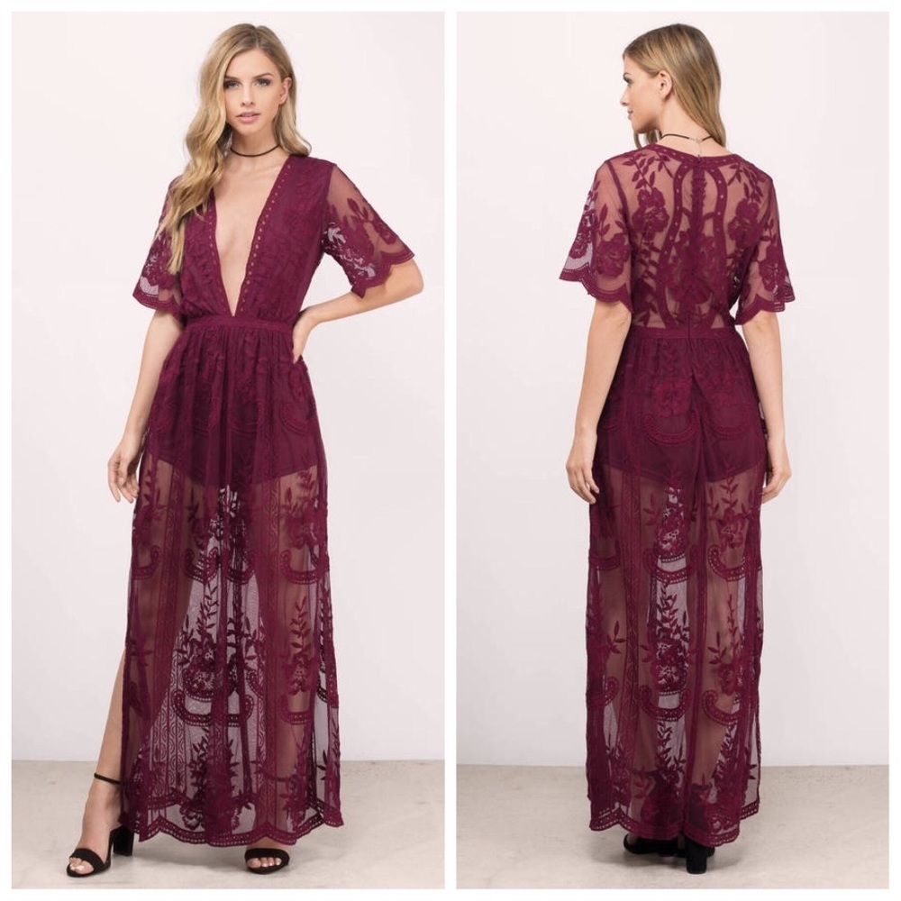 LAST! Small Wine plunge maxi lace romper dress - Picture 5 of 6
